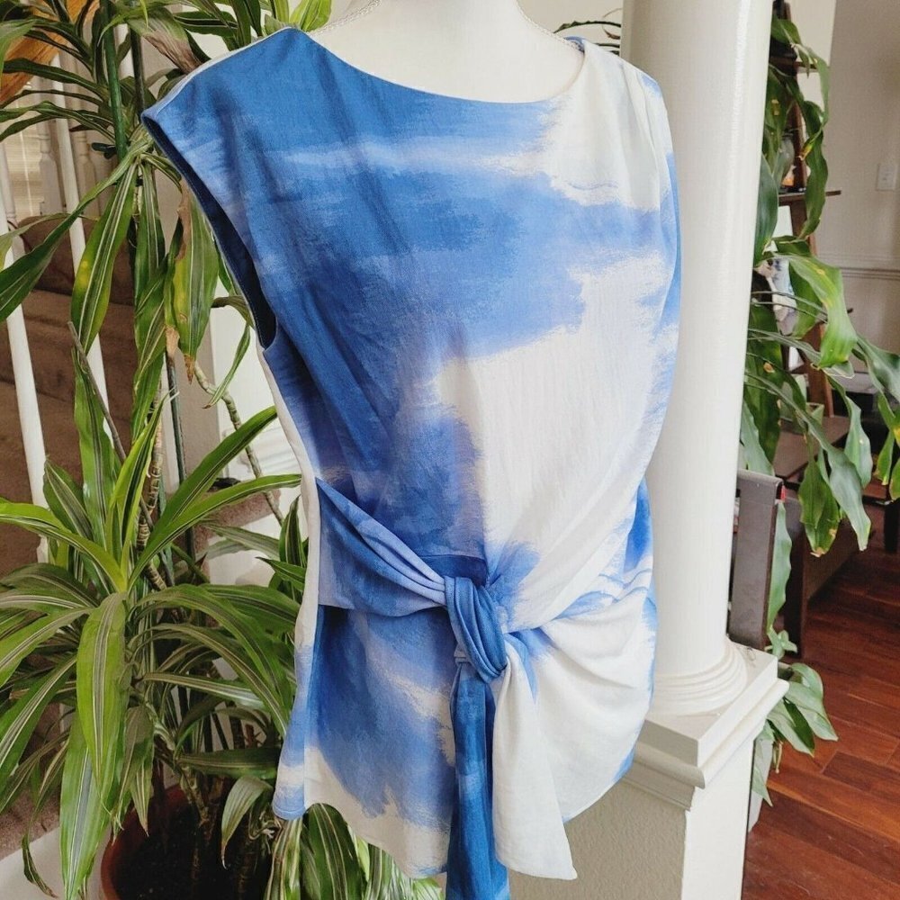 Alfani Sz Small Women's Blouse Blue Watercolor Wash Side Tie Sleeveless NWT